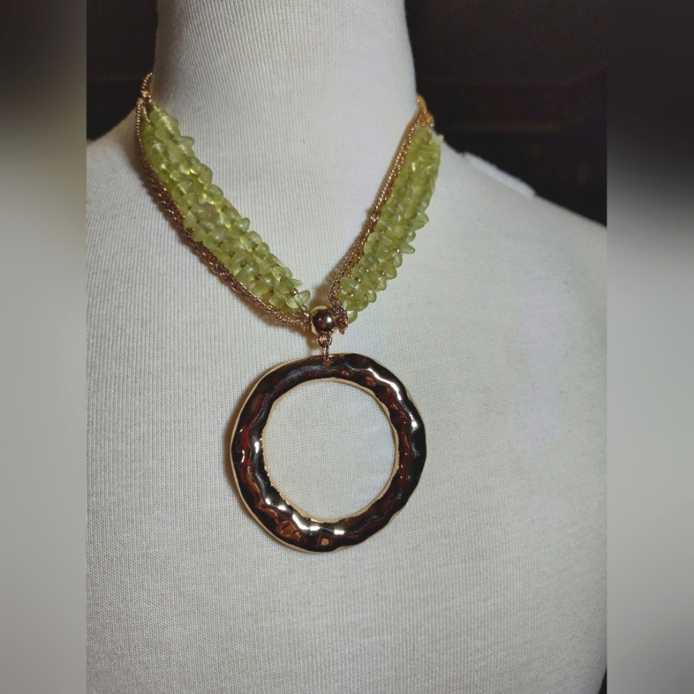 Gold Circle Medallion and Green Beaded Statement Necklace NWOT